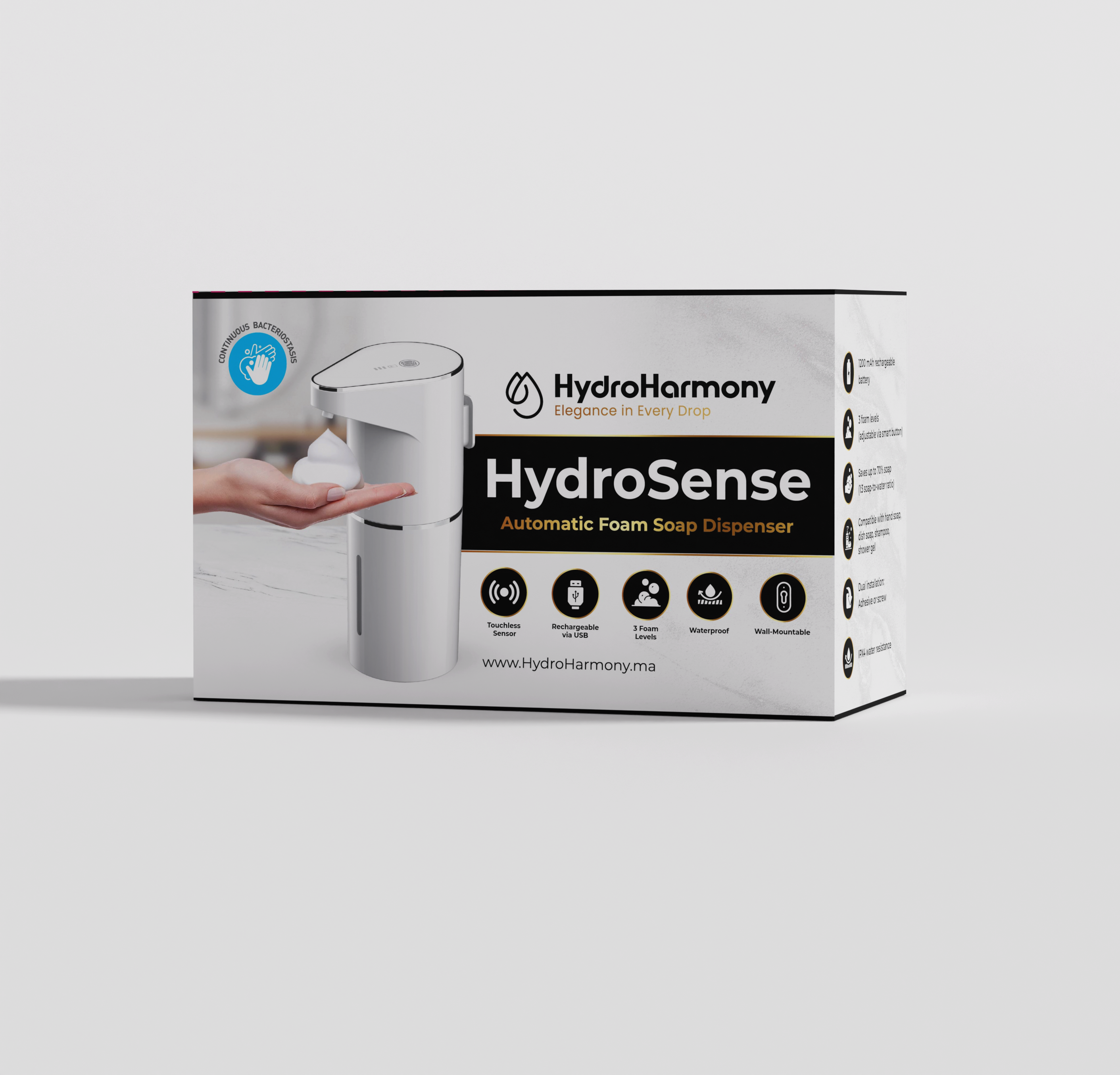 Charger la vidéo : HydroSense – Distributeur de savon mousse sans contact, design &amp; rechargeable | HydroHarmony